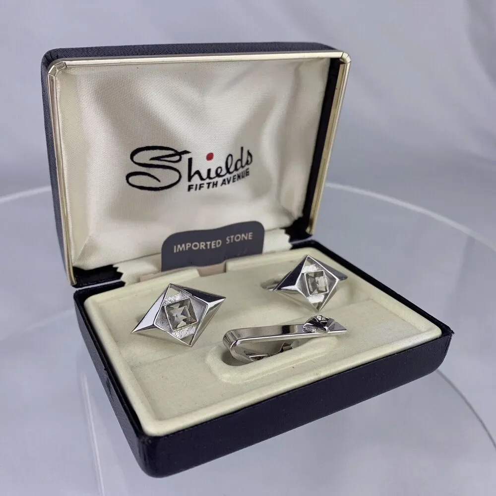 NOS Grey Rhinestone Diamond Silver Tone Cufflinks Tie Pin Shields Vintage O1